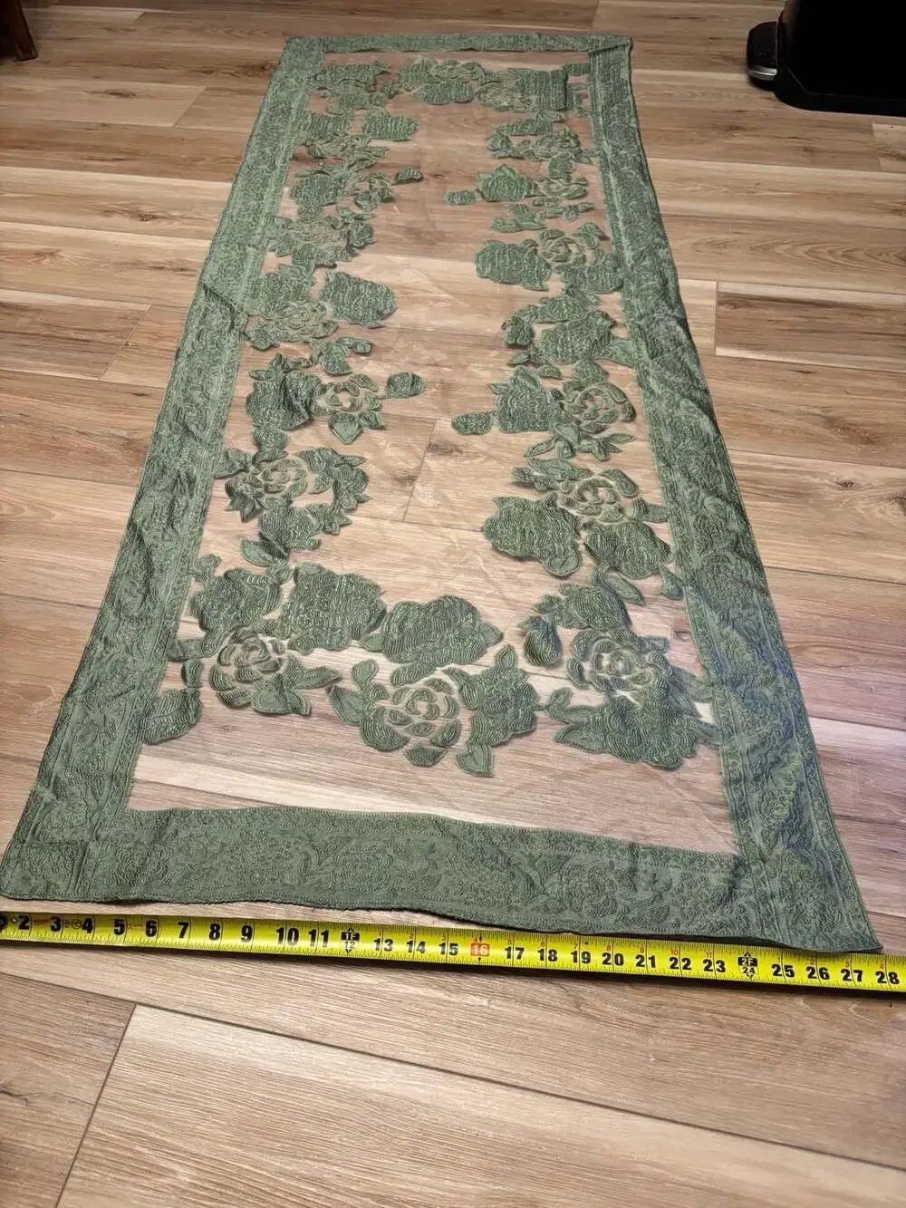 Olive Green Floral Embroidered Sheer Lace Table Runner or Decorative Scarf